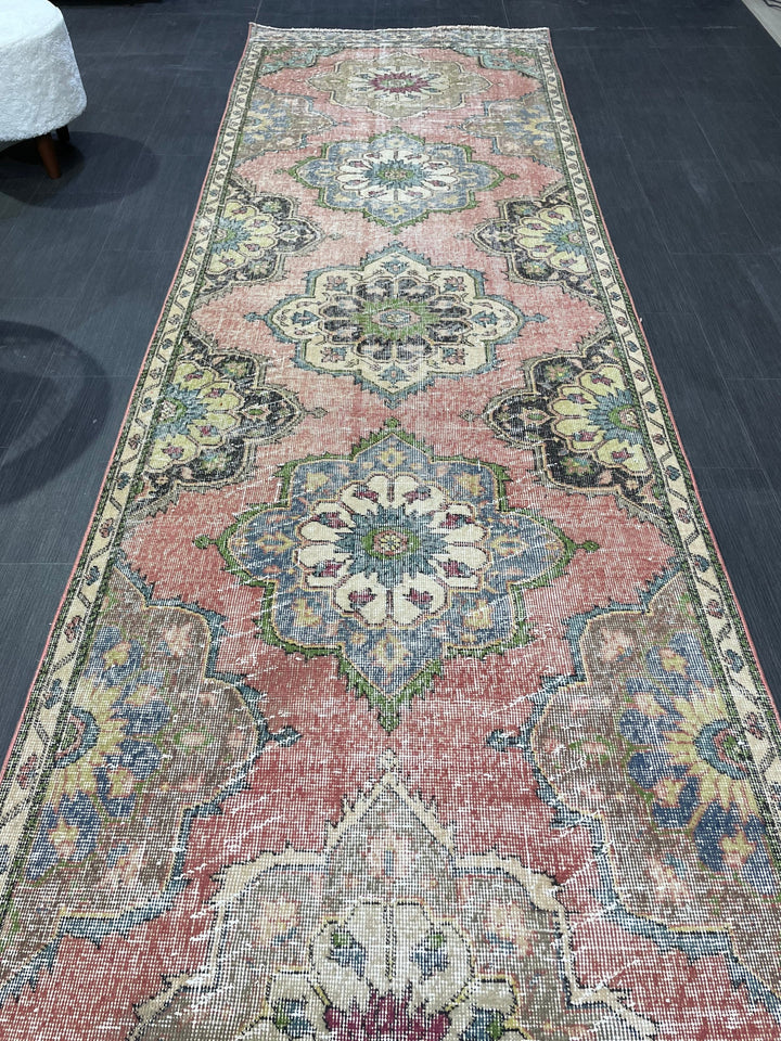 Beige Turkish Runner Rug 3' 7" x 12' 4" Hand-Knotted reverse