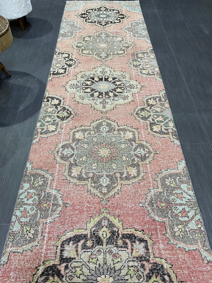 Beige Turkish Distressed Runner Rug 2' 10" x 10' 8" Hand-Knotted | No. WR14658