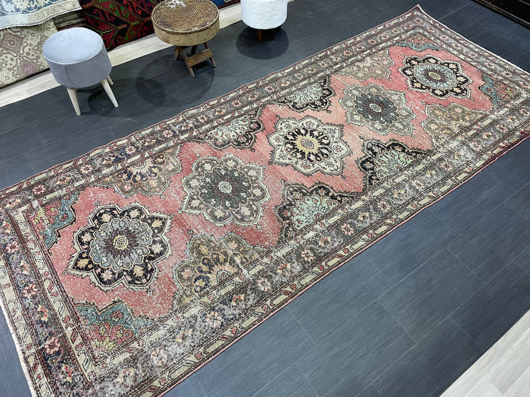 Red Turkish Runner Rug 4' 10" x 11' 9" Hand-Knotted detail