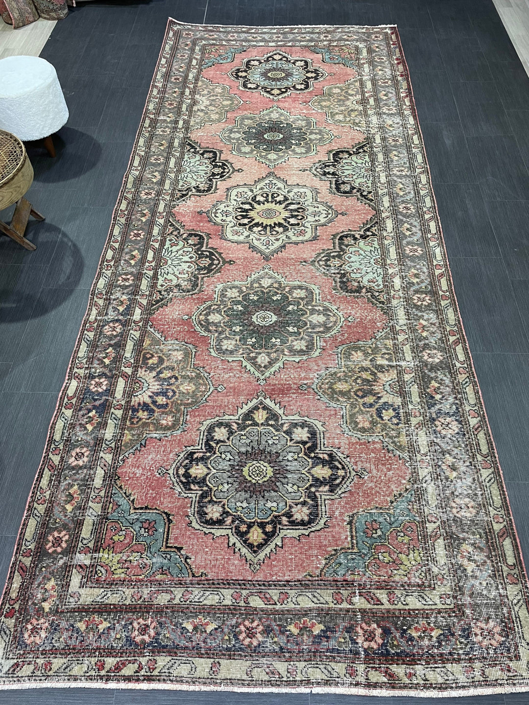 Red Turkish Runner Rug 4' 10" x 11' 9" Hand-Knotted close-up