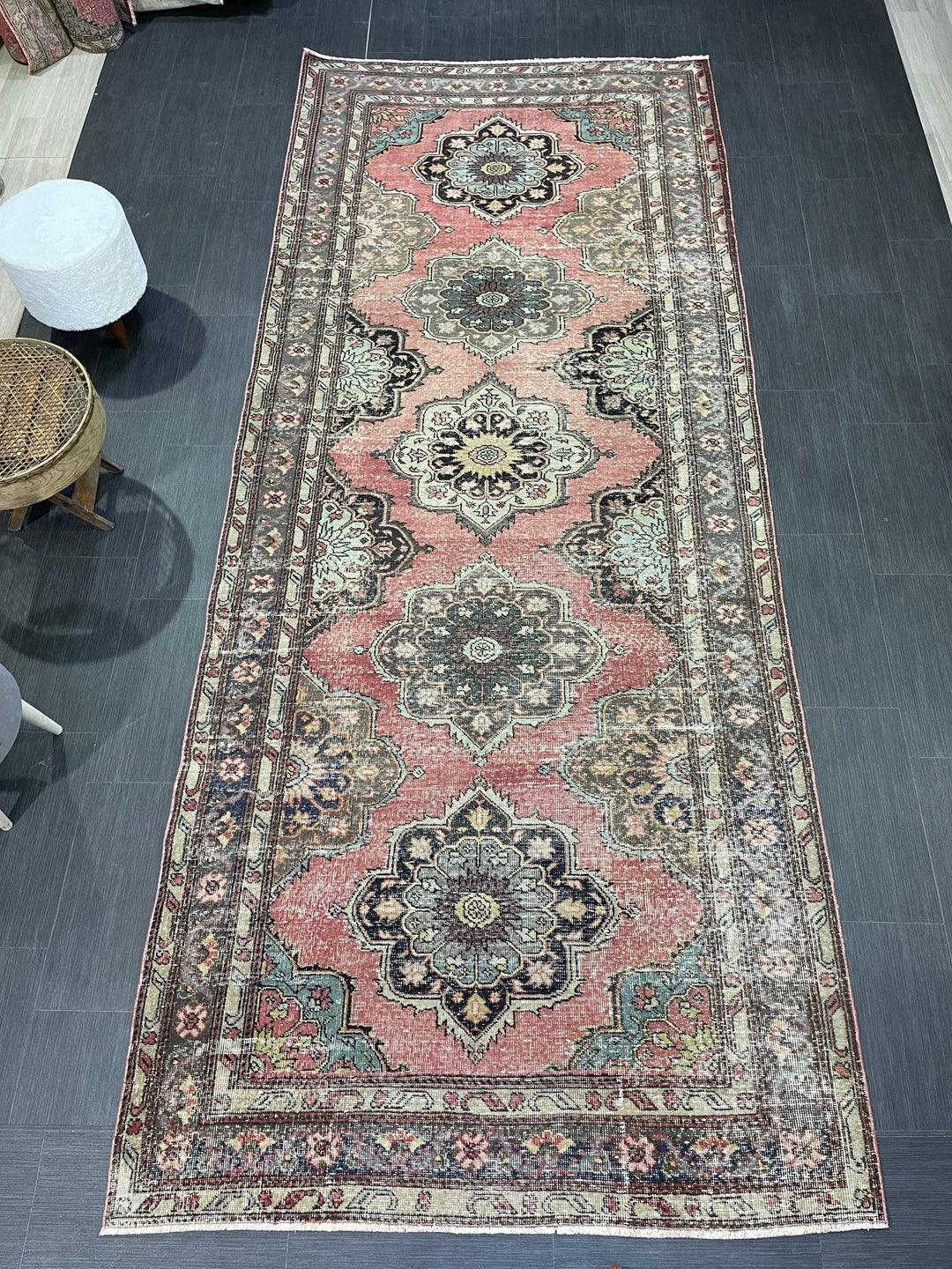 Red Turkish Runner Rug 4' 10" x 11' 9" Hand-Knotted texture