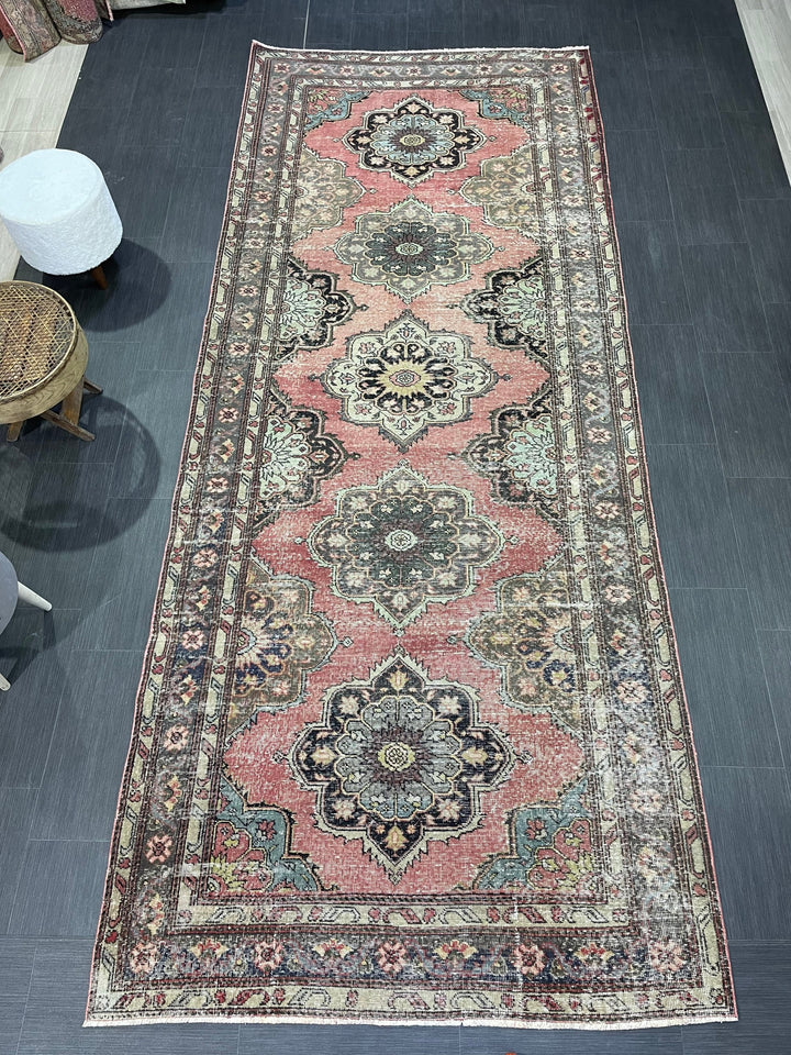 Red Turkish Runner Rug 4' 10" x 11' 9" Hand-Knotted texture
