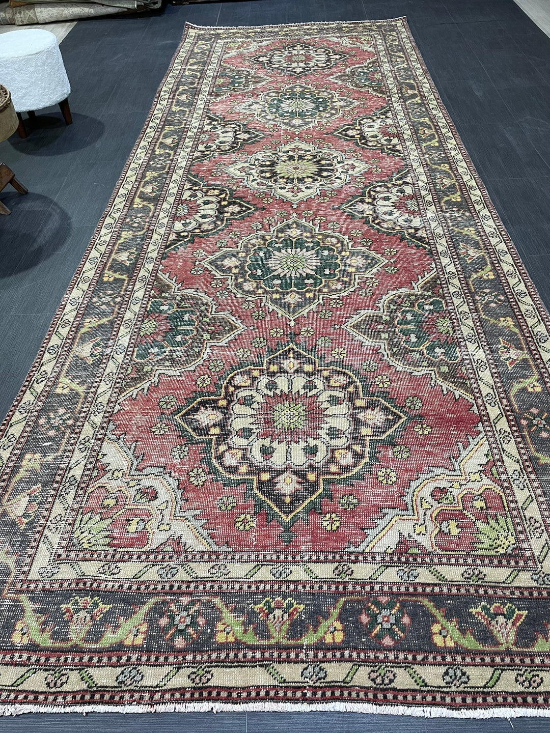 Beige Turkish Runner Rug 4' 7" x 12' 3" Hand-Knotted border