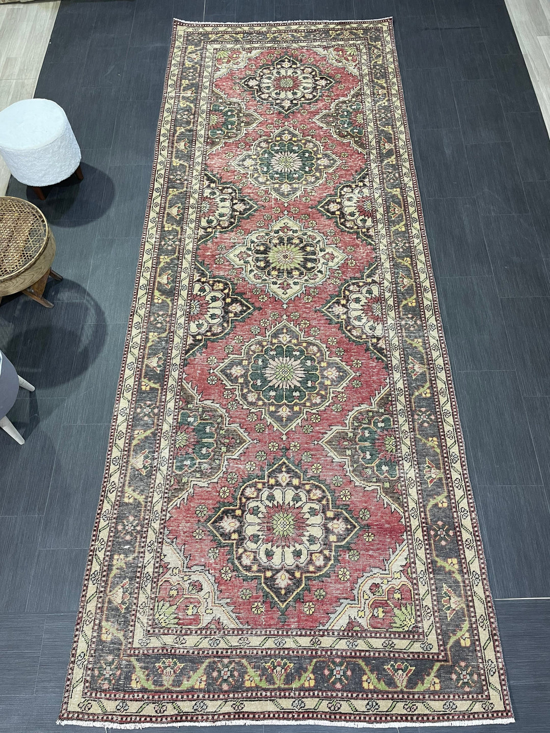 Beige Turkish Runner Rug 4' 7" x 12' 3" Hand-Knotted reverse