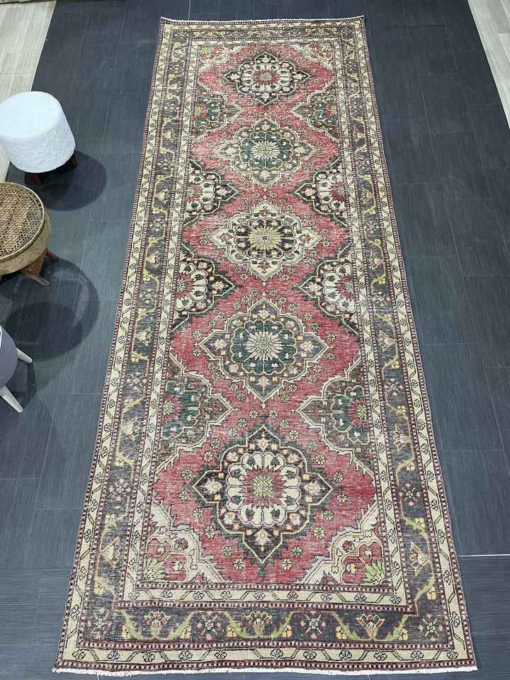 Beige Turkish Runner Rug 4' 7" x 12' 3" Hand-Knotted reverse