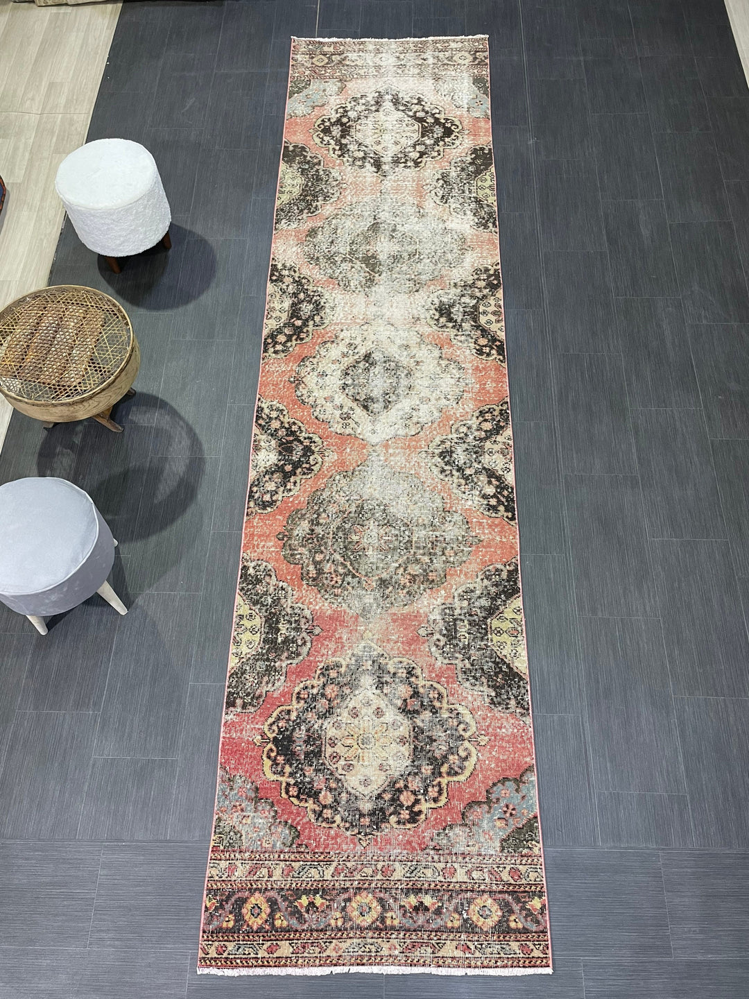 Beige Turkish Distressed Runner Rug 2' 11" x 12' 2" Hand-Knotted | No. WR83930