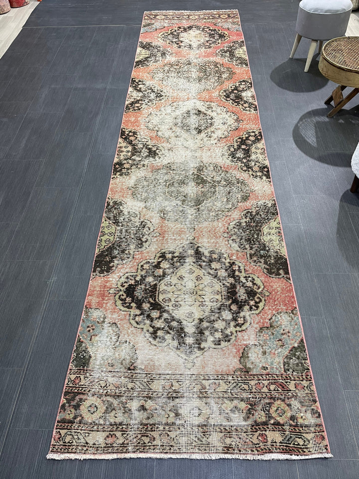 Beige Turkish Distressed Runner Rug 2' 11" x 12' 2" Hand-Knotted | No. WR83930