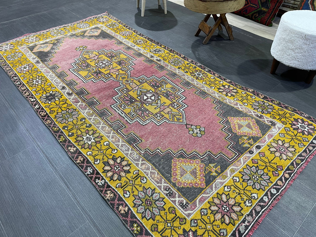 Beige Turkish Runner Rug 3' 7" x 7' 1" Hand-Knotted reverse