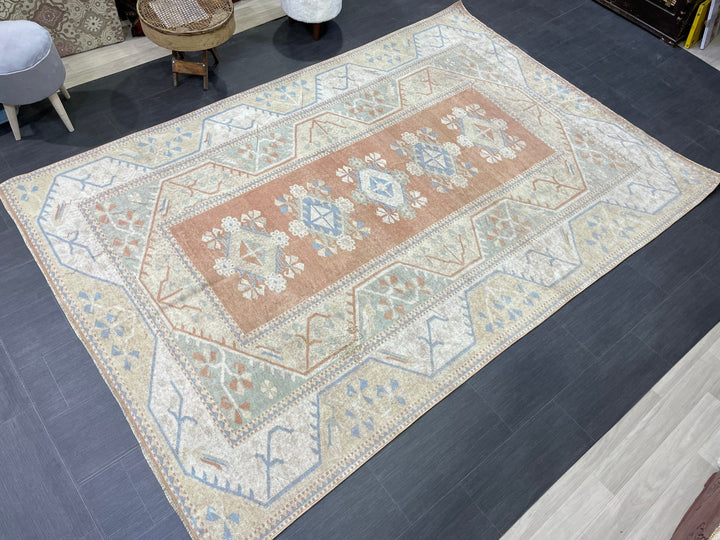 Beige Turkish Distressed Oushak Rug 6' 5" x 9' 6" Hand-Knotted | No. WR74475