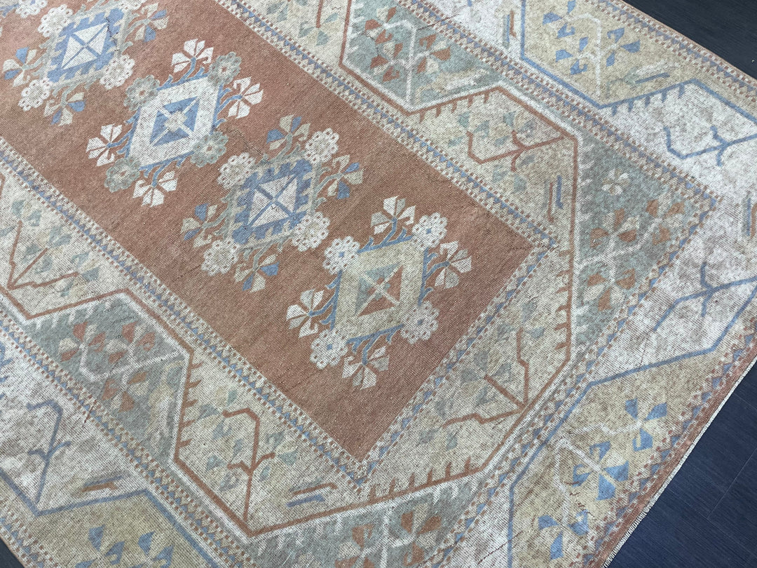 Beige Turkish Distressed Oushak Rug 6' 5" x 9' 6" Hand-Knotted | No. WR74475