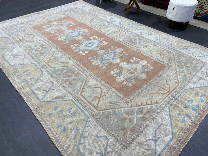 Beige Turkish Distressed Oushak Rug 6' 5" x 9' 6" Hand-Knotted | No. WR74475