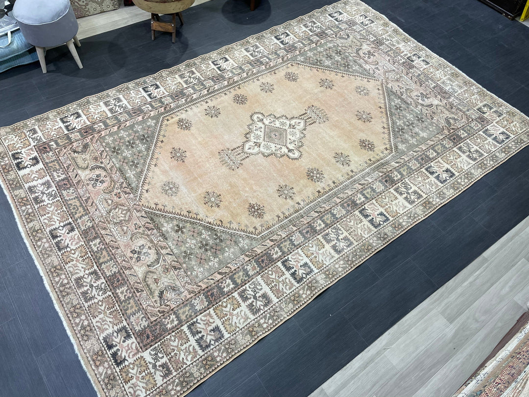 Beige Turkish Oushak Rug 6' 5" x 10' 1" Hand-Knotted | No. WR42925