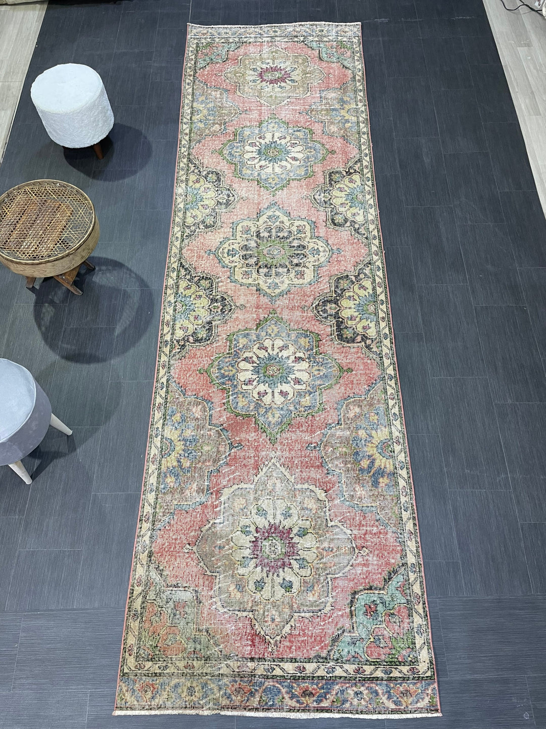 Beige Turkish Runner Rug 3' 7" x 12' 4" Hand-Knotted field