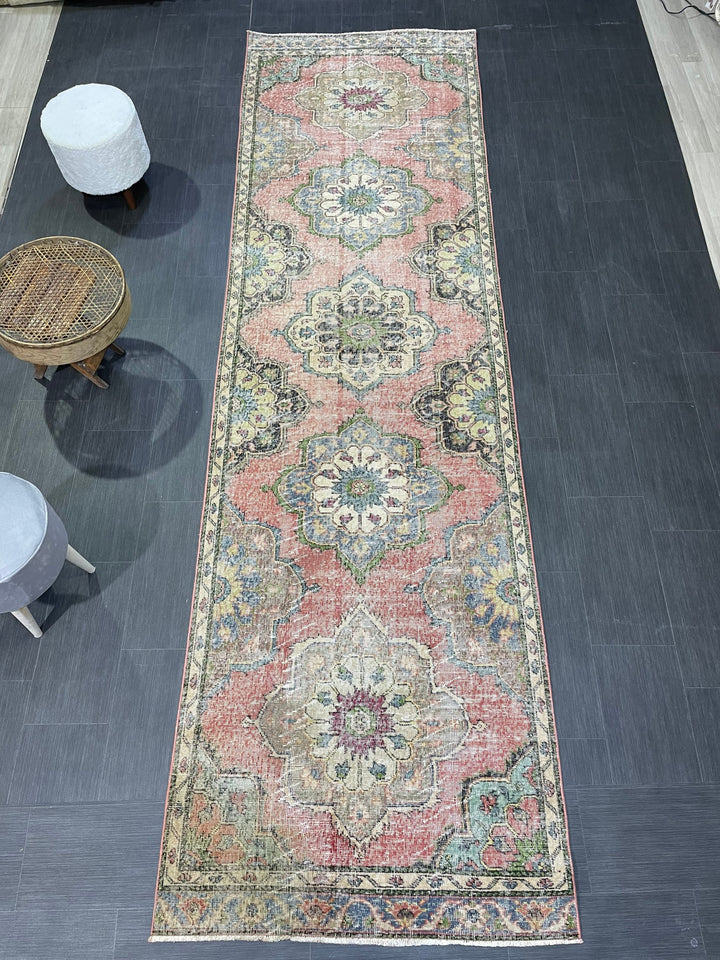 Beige Turkish Runner Rug 3' 7" x 12' 4" Hand-Knotted field