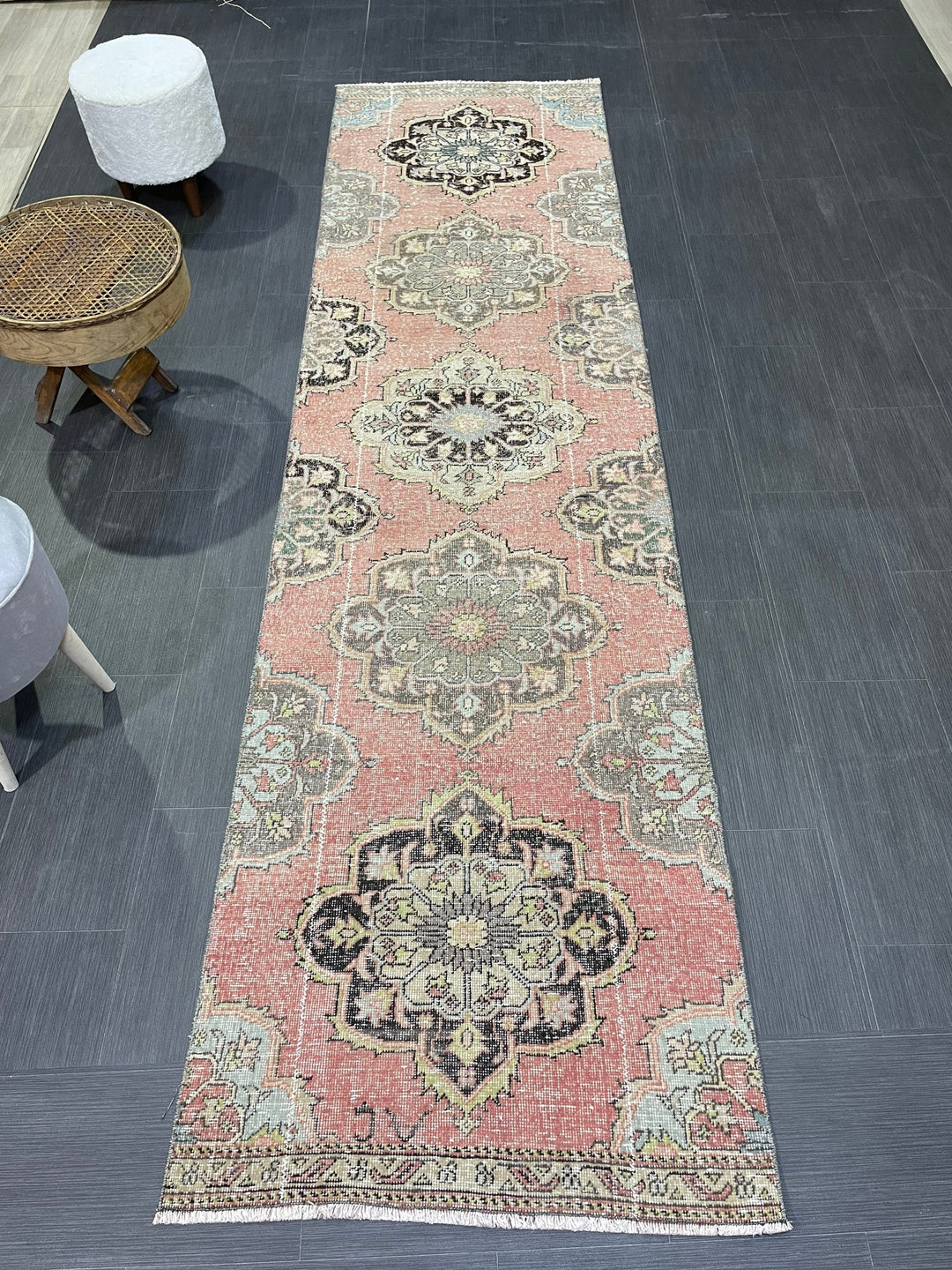 Beige Turkish Distressed Runner Rug 2' 10" x 10' 8" Hand-Knotted | No. WR14658