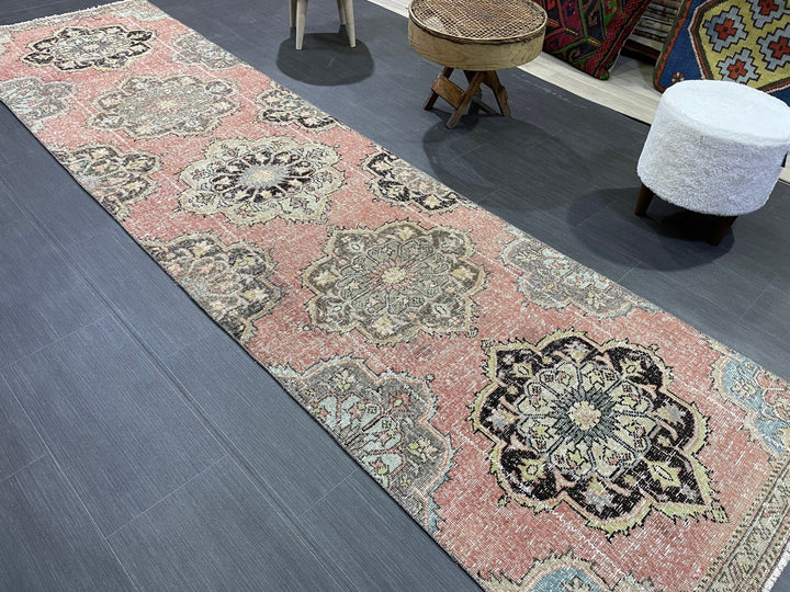 Beige Turkish Distressed Runner Rug 2' 10" x 10' 8" Hand-Knotted | No. WR14658