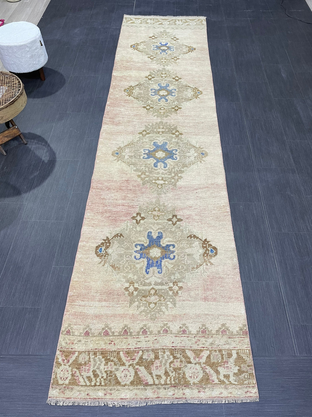 Beige Turkish Runner Rug 2' 10" x 11' 5" Hand-Knotted field
