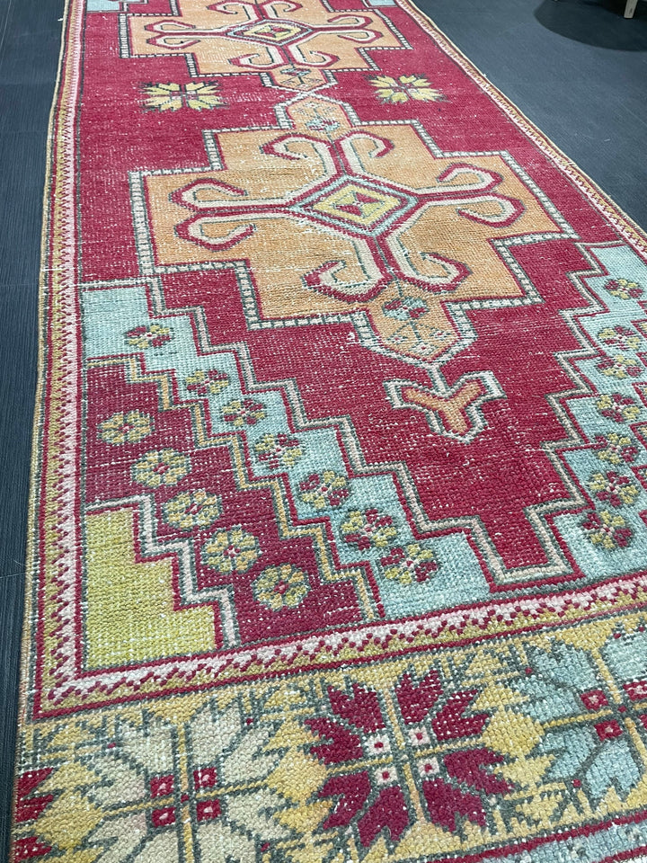 Beige Turkish Runner Rug 3' 4" x 9' 3" Hand-Knotted close-up