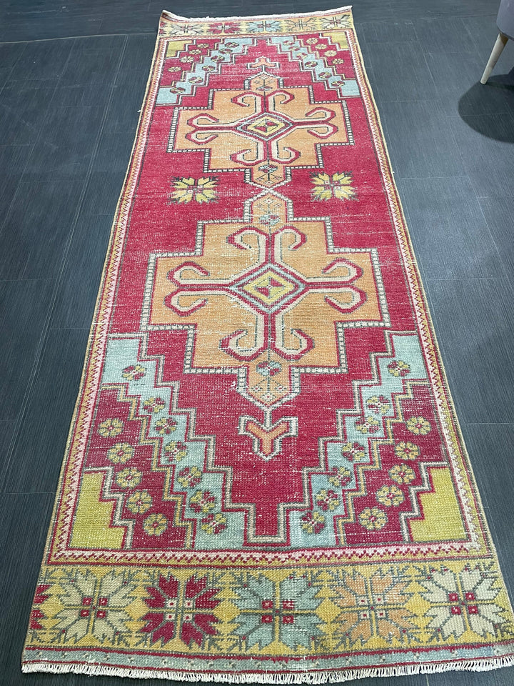Beige Turkish Runner Rug 3' 4" x 9' 3" Hand-Knotted reverse
