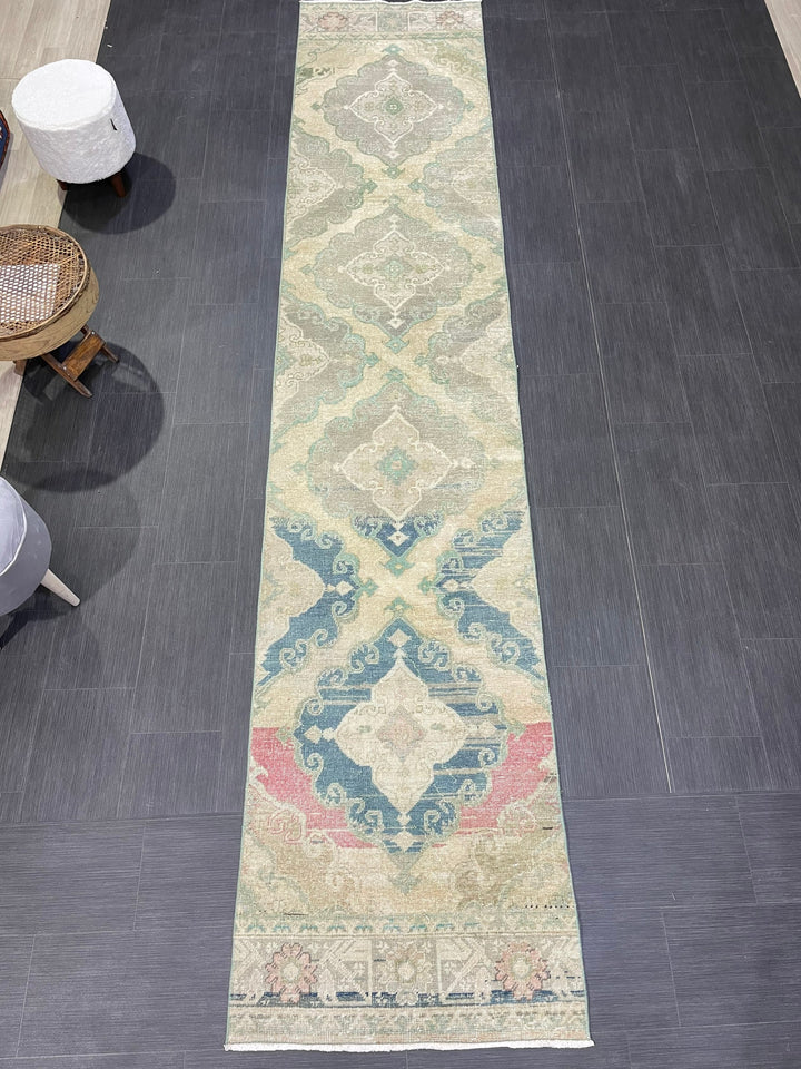 Beige Turkish Runner Rug 2' 8" x 12' 10" Hand-Knotted field