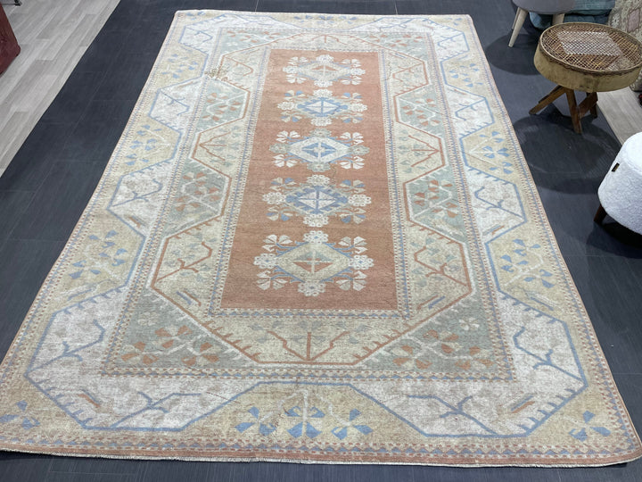 Beige Turkish Distressed Oushak Rug 6' 5" x 9' 6" Hand-Knotted | No. WR74475