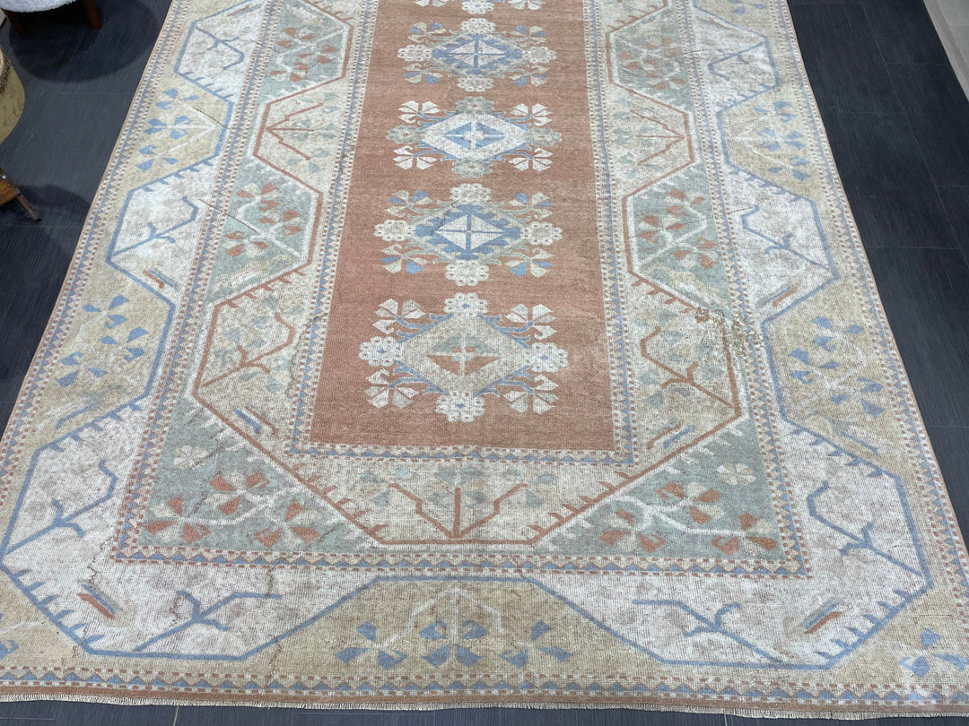 Beige Turkish Distressed Oushak Rug 6' 5" x 9' 6" Hand-Knotted | No. WR74475