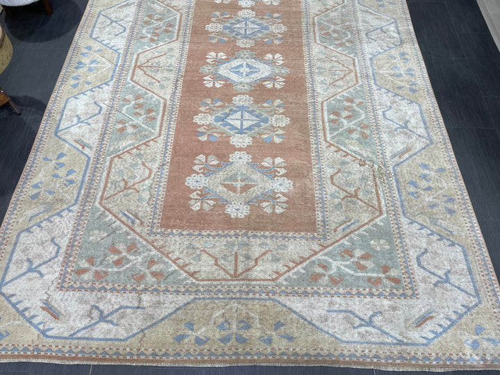 Beige Turkish Distressed Oushak Rug 6' 5" x 9' 6" Hand-Knotted | No. WR74475
