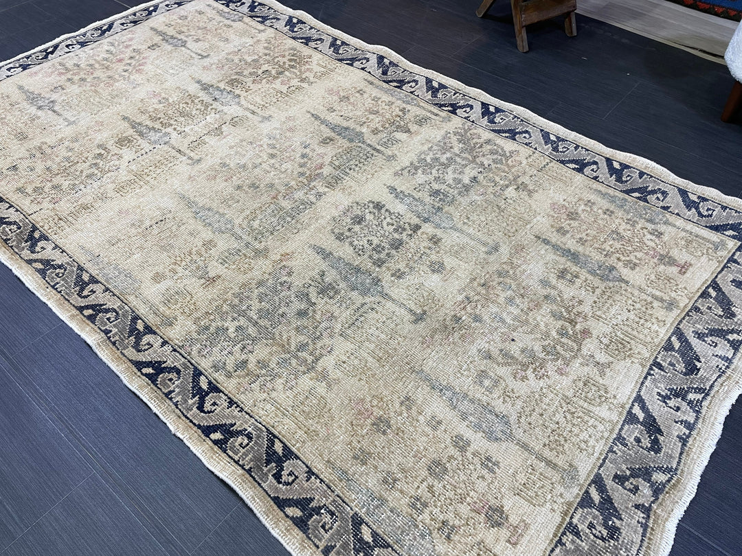 Beige Turkish Oushak Rug 3' 11" x 6' 7" Hand-Knotted