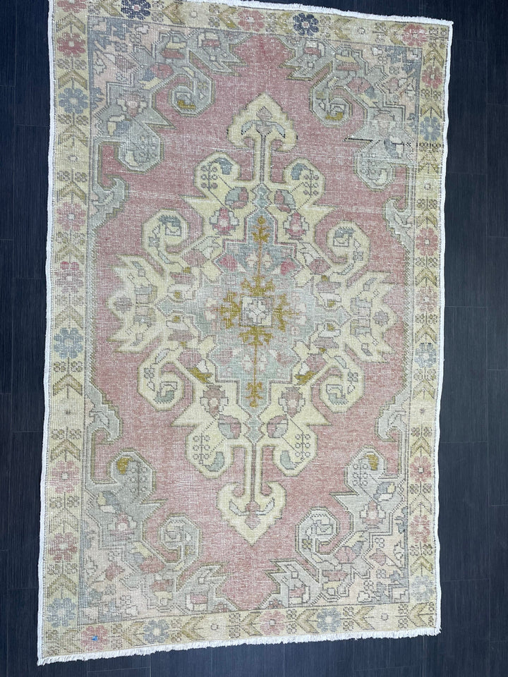 Beige Turkish Oushak Rug 4' 7" x 7' 4" Hand-Knotted border