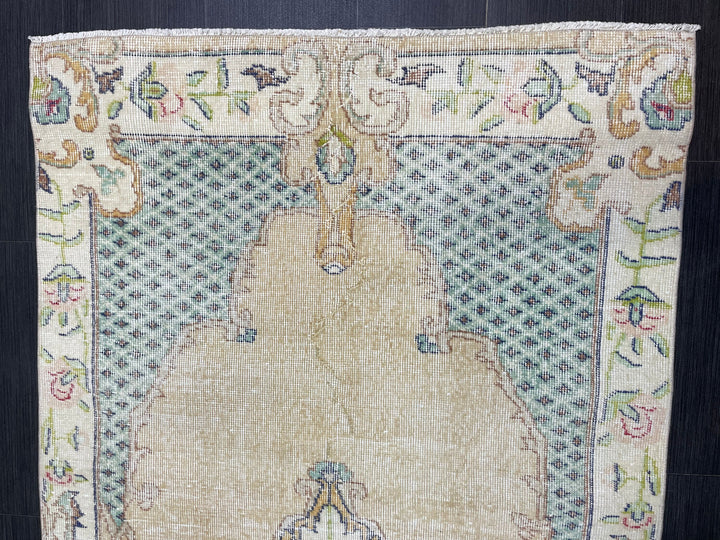 Tan Turkish Oushak Rug 3' 7" x 7' 1" Hand-Knotted field