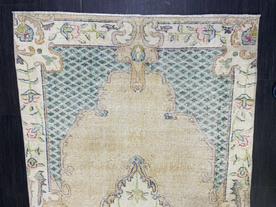 Tan Turkish Oushak Rug 3' 7" x 7' 1" Hand-Knotted reverse