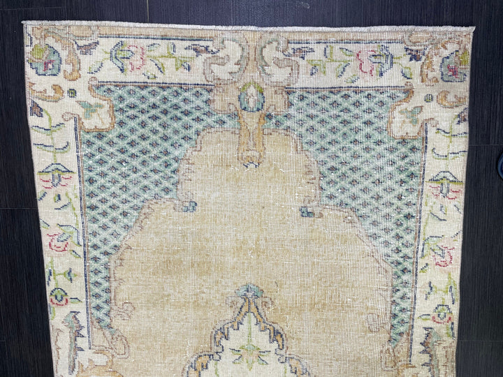 Tan Turkish Oushak Rug 3' 7" x 7' 1" Hand-Knotted reverse