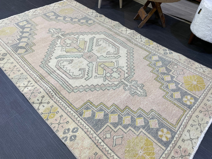 Beige Turkish Oushak Rug 3' 7" x 6' 1" Hand-Knotted