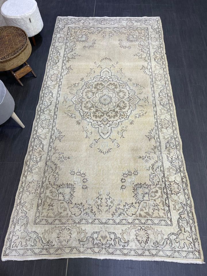 Beige Turkish Distressed Runner Rug 4' 1" x 8' 1" Hand-Knotted | No. WR95697