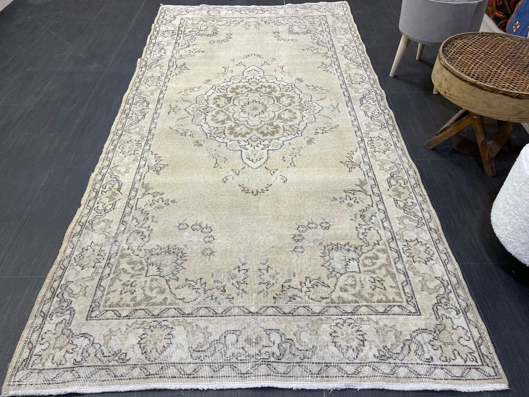 Beige Turkish Distressed Runner Rug 4' 1" x 8' 1" Hand-Knotted | No. WR95697