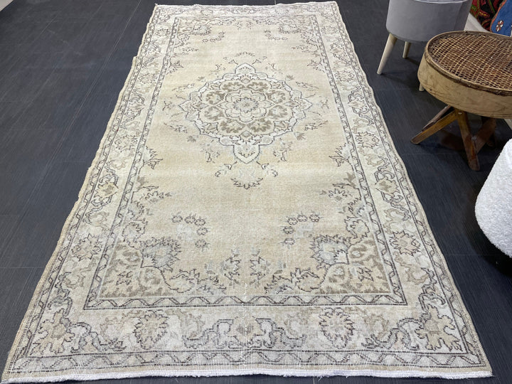 Beige Turkish Distressed Runner Rug 4' 1" x 8' 1" Hand-Knotted | No. WR95697