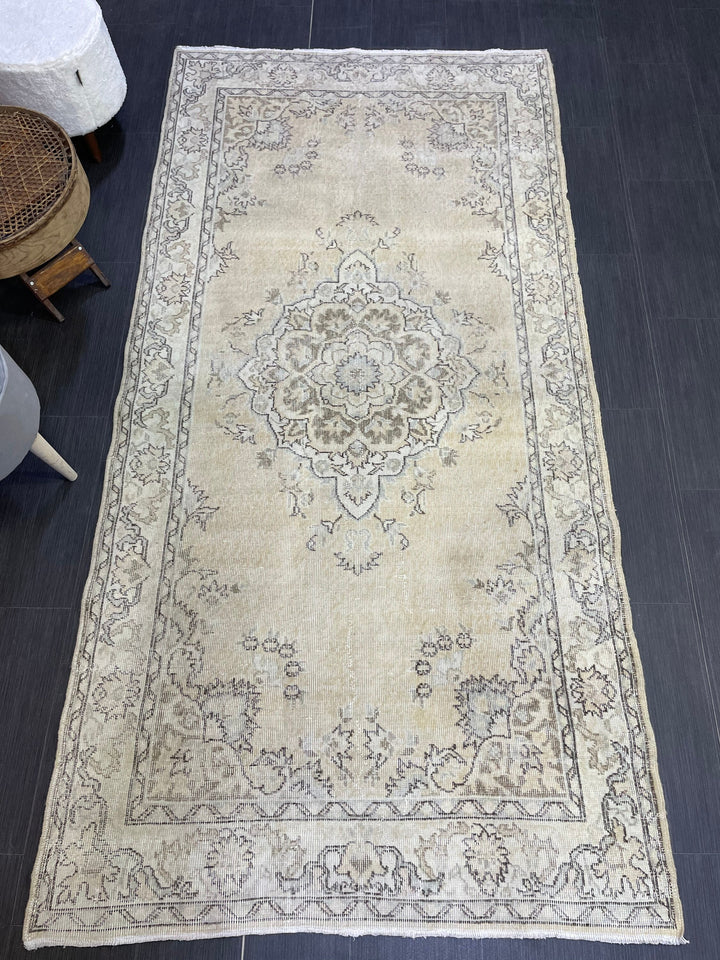 Beige Turkish Distressed Runner Rug 4' 1" x 8' 1" Hand-Knotted | No. WR95697