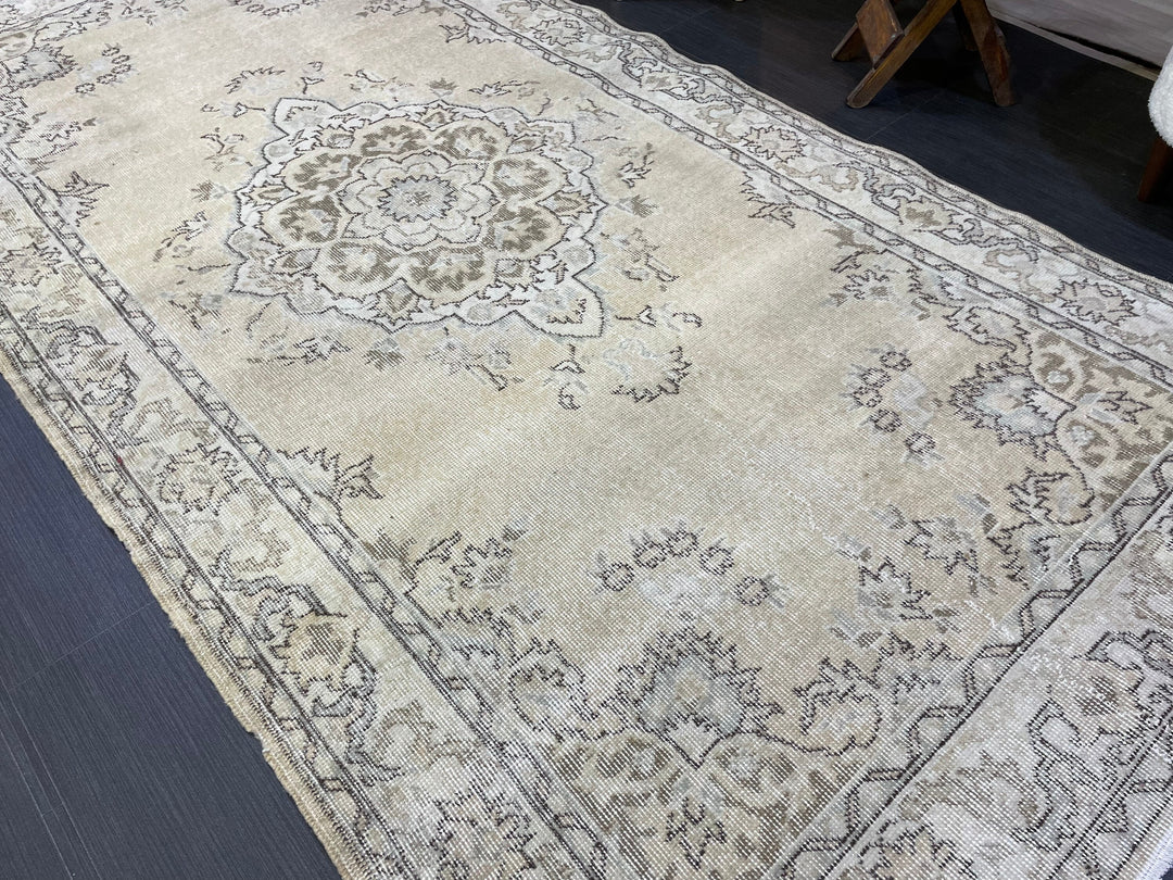 Beige Turkish Distressed Runner Rug 4' 1" x 8' 1" Hand-Knotted | No. WR95697