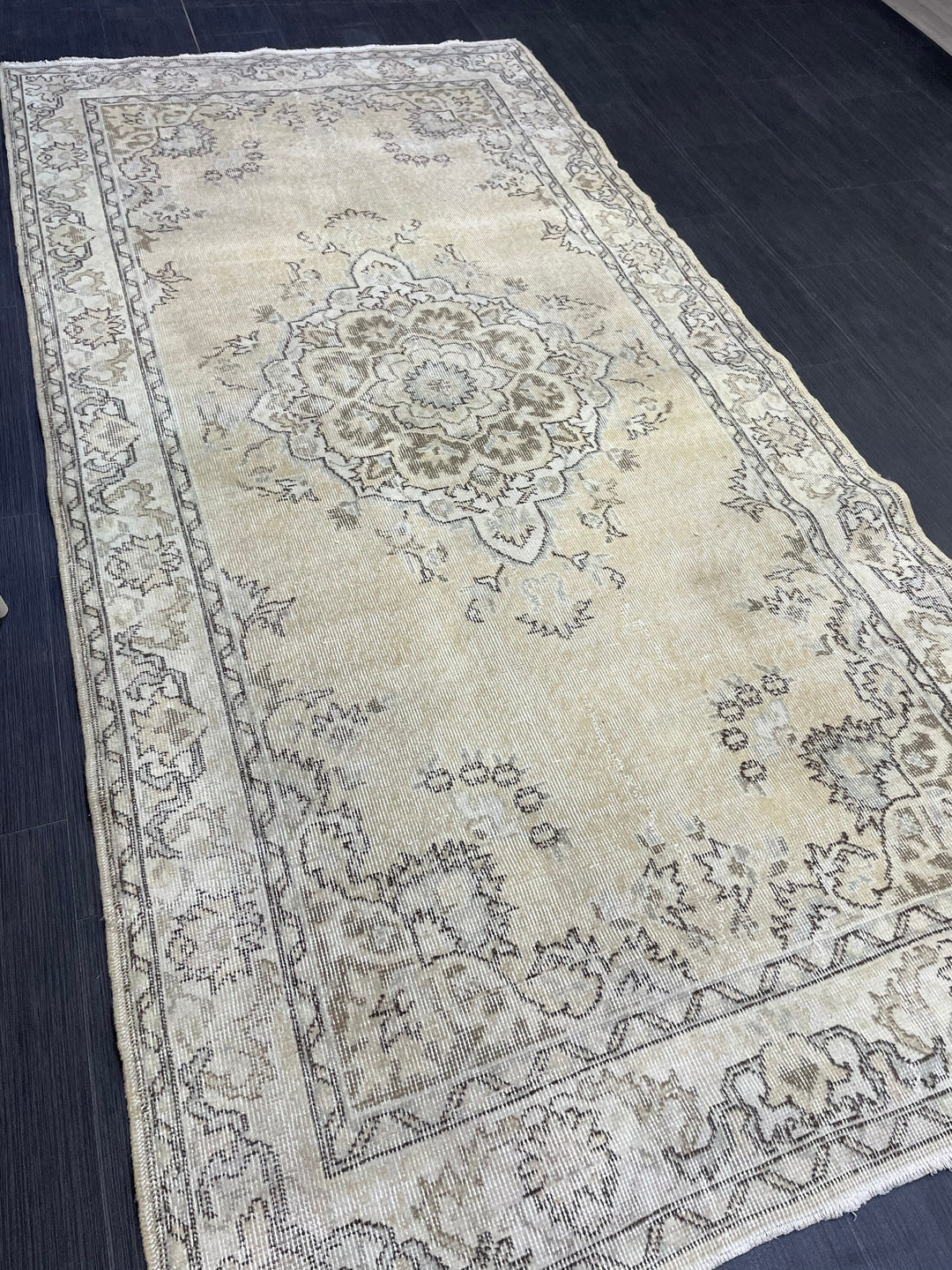 Beige Turkish Distressed Runner Rug 4' 1" x 8' 1" Hand-Knotted | No. WR95697