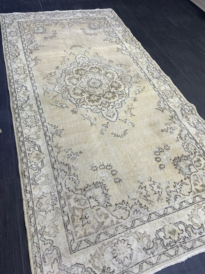 Beige Turkish Distressed Runner Rug 4' 1" x 8' 1" Hand-Knotted | No. WR95697