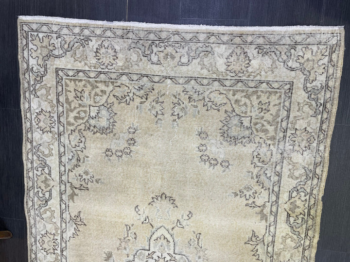 Beige Turkish Distressed Runner Rug 4' 1" x 8' 1" Hand-Knotted | No. WR95697