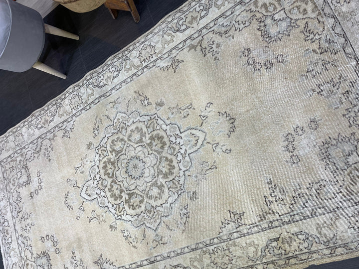 Beige Turkish Distressed Runner Rug 4' 1" x 8' 1" Hand-Knotted | No. WR95697