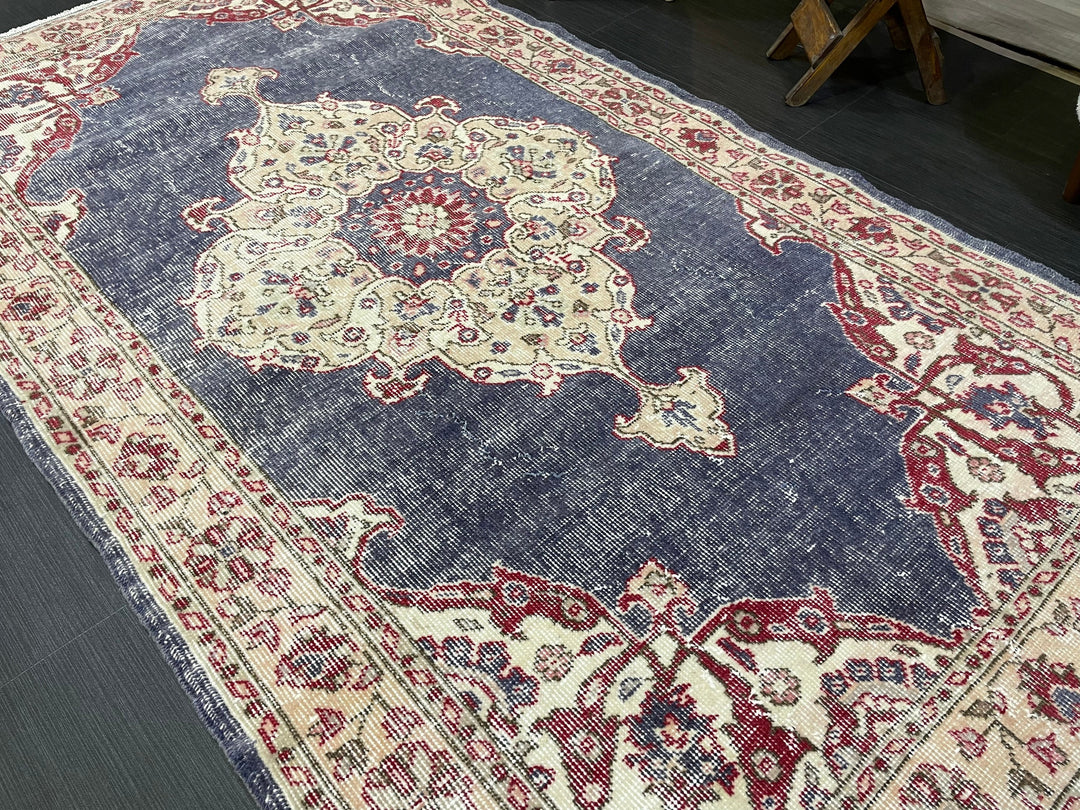 Beige Turkish Distressed Runner Rug 3' 11" x 6' 11" Hand-Knotted | No. WR34033