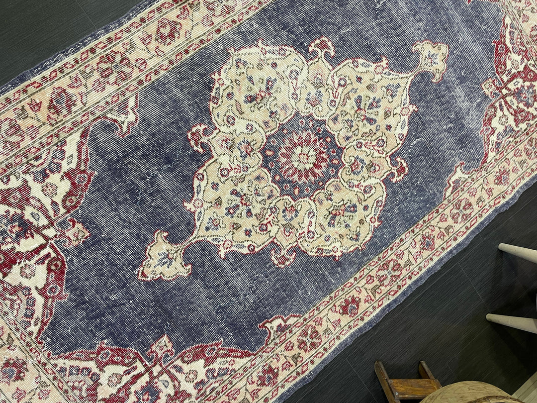 Beige Turkish Distressed Runner Rug 3' 11" x 6' 11" Hand-Knotted | No. WR34033