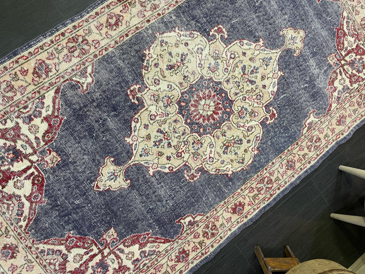 Beige Turkish Distressed Runner Rug 3' 11" x 6' 11" Hand-Knotted | No. WR34033