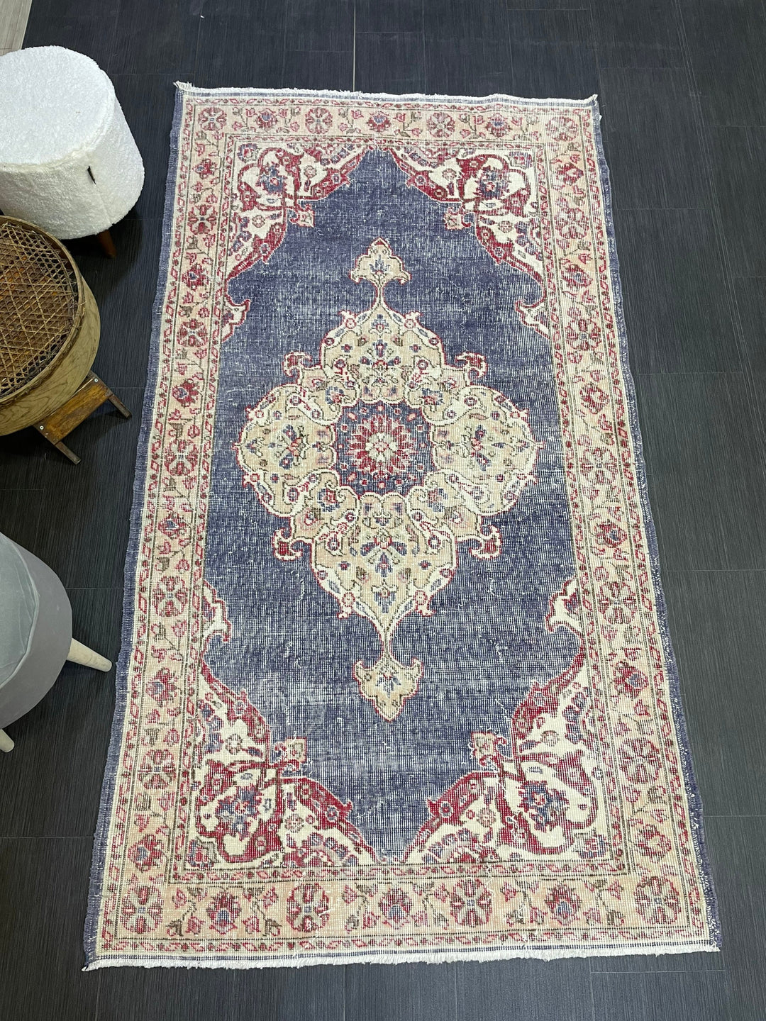 Beige Turkish Distressed Runner Rug 3' 11" x 6' 11" Hand-Knotted | No. WR34033