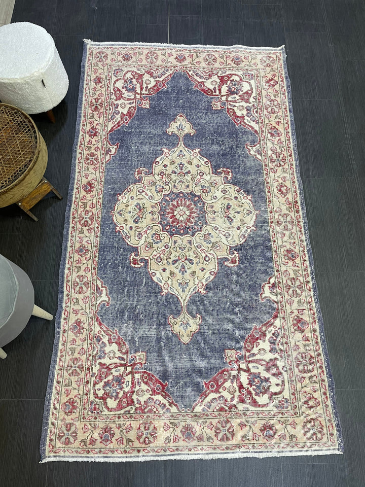Beige Turkish Distressed Runner Rug 3' 11" x 6' 11" Hand-Knotted | No. WR34033