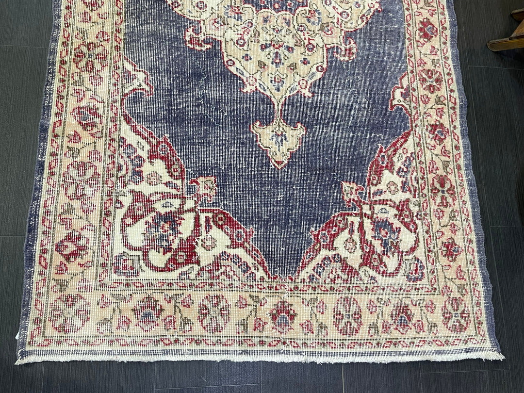 Beige Turkish Distressed Runner Rug 3' 11" x 6' 11" Hand-Knotted | No. WR34033