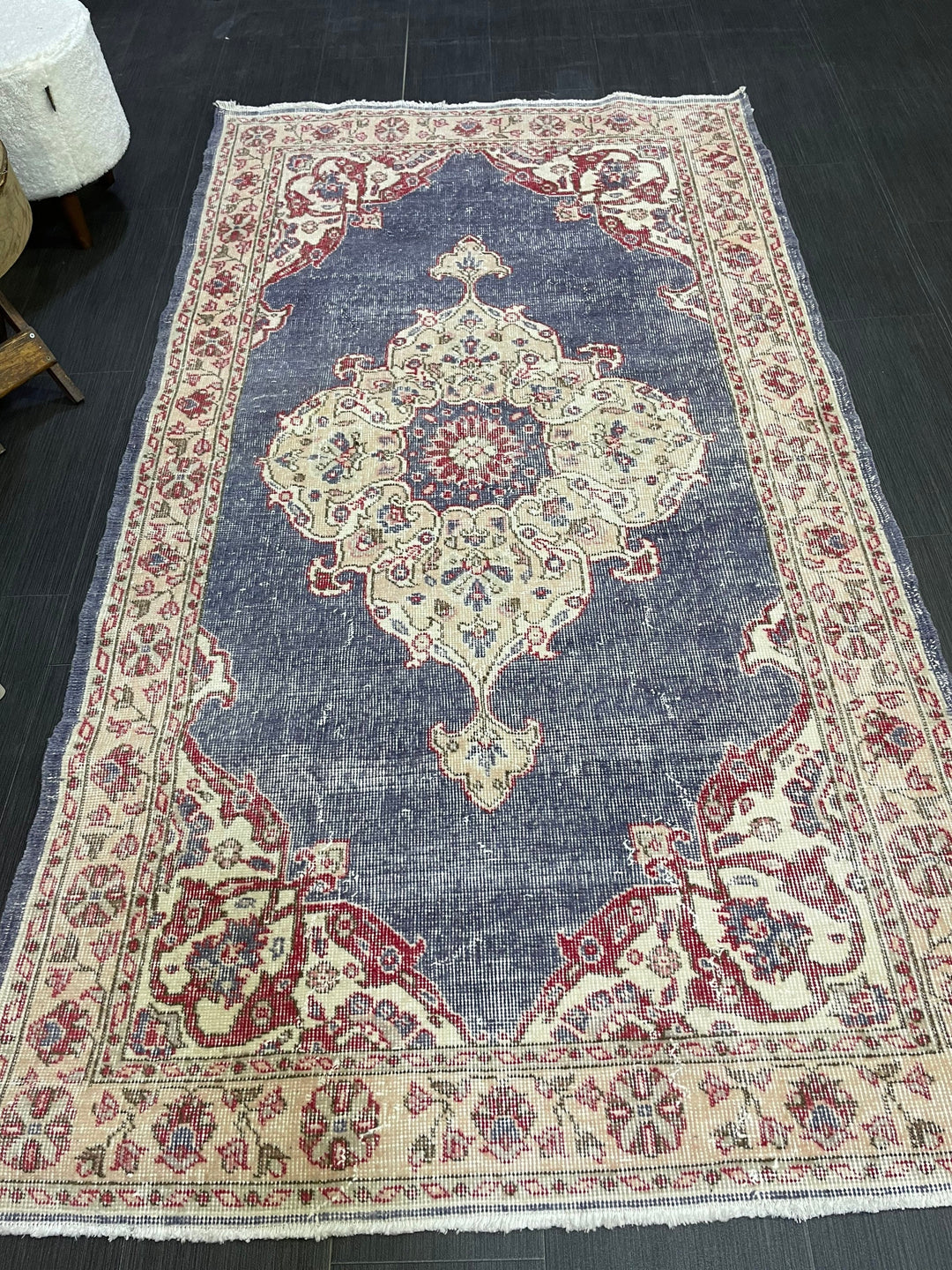 Beige Turkish Distressed Runner Rug 3' 11" x 6' 11" Hand-Knotted | No. WR34033