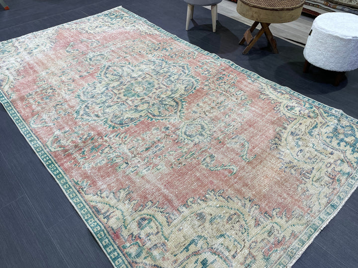 Beige Turkish Distressed Runner Rug 4' 10" x 8' 6" Hand-Knotted | No. WR72662